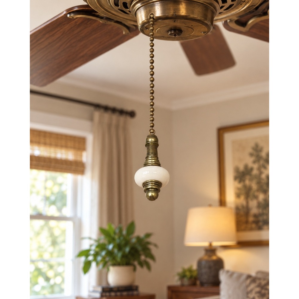 Vintage Ceiling Fan Light Pull Chain Aged Brass Cream Ceramic Finial Unbranded